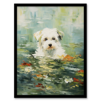 Artery8 Framed Wall Art Havanese Dog And Water Lilies Claude Monet Style Oil Painting12X16 Inch from B&Q
