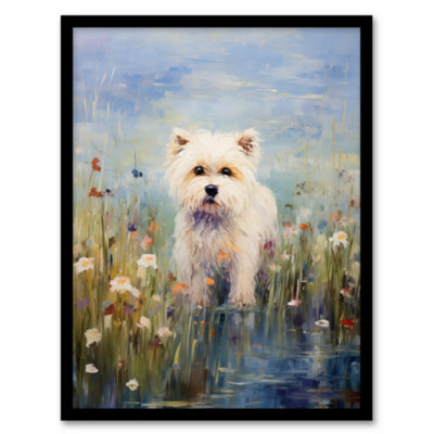 Artery8 Framed Wall Art West Highland Terrier Claude Monet Style Dog Oil Painting Pastel Colour Portrait12X16 Inch from B&Q