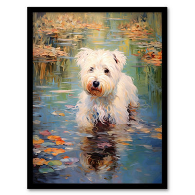 Artery8 Framed Wall Art West Highland Terrier Autumn Lake Walk Claude Monet Style Dog Oil Painting12X16 Inch from B&Q