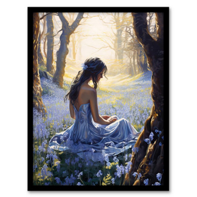 B&Q -  Framed Wall Art Blue Belle In Bluebell Wood Girl In Floral Forest Landscape Artwork12X16 Inch