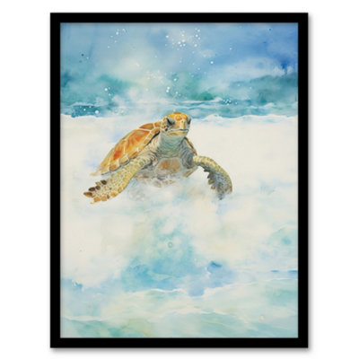 Artery8 Framed Wall Art Sea Turtle Surf Watercolour Painting Surfing Over Foam Waves Bright Seascape12X16 Inch from B&Q