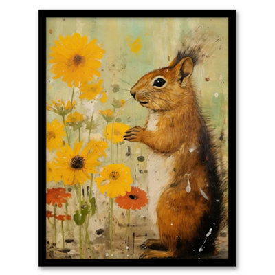 Artery8 Framed Wall Art Squirrel In The Marigolds Stop To Smell The Flowers Oil Painting Orange And Yellow12X16 Inch from B&Q
