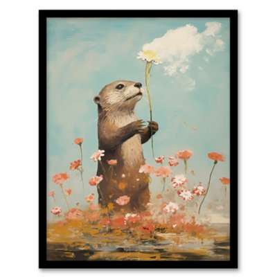 B&Q -  Framed Wall Art The Otters Gift Artwork Floral Watercolour Crimson And Blue12X16 Inch