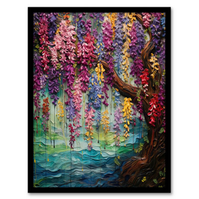Artery8 Framed Wall Art Colourful Cascading Wisteria Over Riverbank Heavy Oil Painting12X16 Inch from B&Q