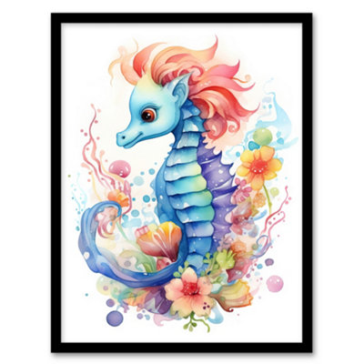 Artery8 Framed Wall Art Cute Seahorse Watercolour Artwork Fun Kids Bedroom Nursery12X16 Inch from B&Q