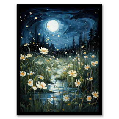 Artery8 Framed Wall Art Moonlit Dancing Fireflies By Buttercup Brook Artwork Full Moon Night Moonlight12X16 Inch from B&Q