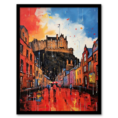 Artery8 Framed Wall Art Edinburgh Castle Vibrant Oil Painting Autumn Rain Cityscape12X16 Inch from B&Q
