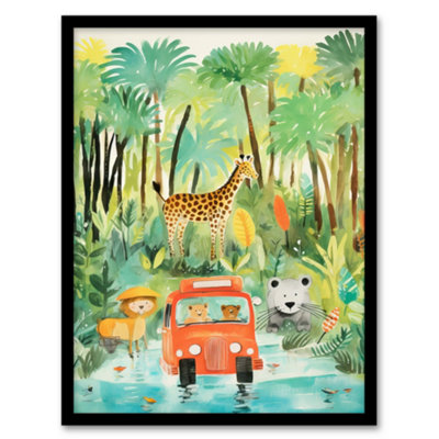 Artery8 Framed Wall Art Jungle Safari Adventure Animals Kids Bedroom Nursery Giraffe Lion Watercolour Artwork12X16 Inch from B&Q