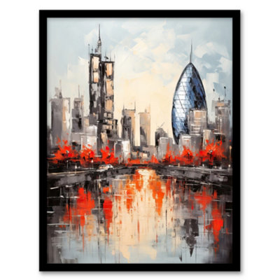 Artery8 Framed Wall Art London Cityscape Skyline The Gherkin Oil Painting Thames Reflections In Autumn12X16 Inch from B&Q