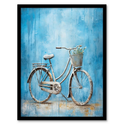 Artery8 Framed Wall Art Simple Elegant Single Bicycle On Blue Modern Contemporary Detailed Flower Basket Artwork12X16 Inch from B&Q
