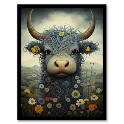Artery8 Framed Wall Art Small Blue Highland Cow In Wildflower Meadow Fun Wee Blue Coo Artwork12X16 Inch from B&Q