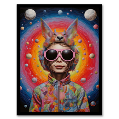 Artery8 Framed Wall Art Surreal Abstract Portrait Big Bold Bright Fun Portrait Animal Hat Outer Space Quirky12X16 Inch from B&Q
