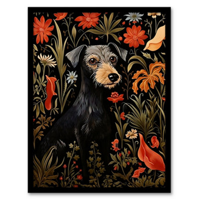Artery8 Framed Wall Art Black Irish Terrier Dog On Elegant Floral Backdrop William Morris Style Pattern Artwork12X16 Inch