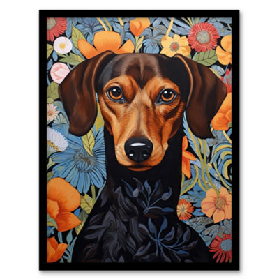 B&Q -  Framed Wall Art Dachshund Dog On Elegant Floral Backdrop William Morris Style Pattern Artwork12X16 Inch