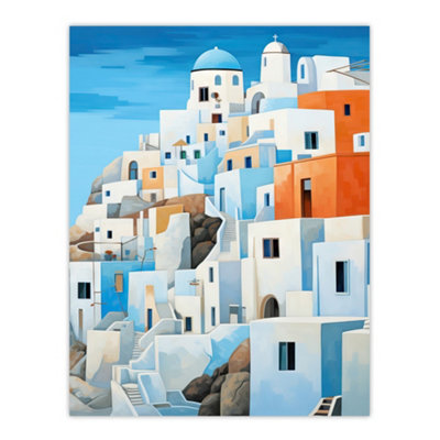 Artery8 Unframed Wall Art Santorini Greece Watercolour Painting Whitewashed Buildings Of Greek Island In Aegean Sea12X16 Inch from B&Q