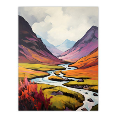 B&Q -  Unframed Wall Art Scotland Glencoe Valley Painting Majestic Mountains And River With Heather Shrubs12X16 Inch