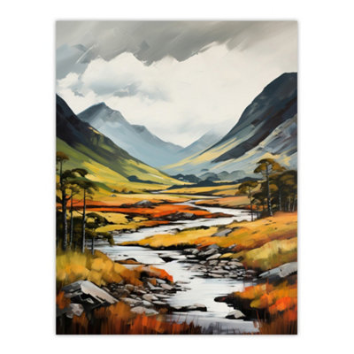B&Q -  Unframed Wall Art Glencoe Valley Painting Scotland Majestic Mountain Range And River Coe12X16 Inch