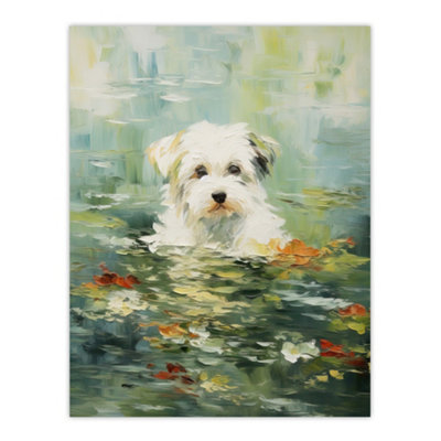 Artery8 Unframed Wall Art Havanese Dog And Water Lilies Claude Monet Style Painting12X16 Inch from B&Q