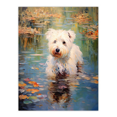 Artery8 Unframed Wall Art West Highland Terrier Autumn Lake Walk Claude Monet Style Dog Painting12X16 Inch from B&Q