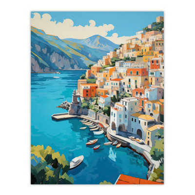 Artery8 Blue/Orange/Green Unframed Wall Art Amalfi Coast Artwork Italy Coastal Village Landscape - 12X16 Inch