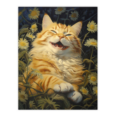 Artery8 Unframed Wall Art Contented Grinning Ginger Cat Wildflower Meadow Painting12X16 Inch from B&Q