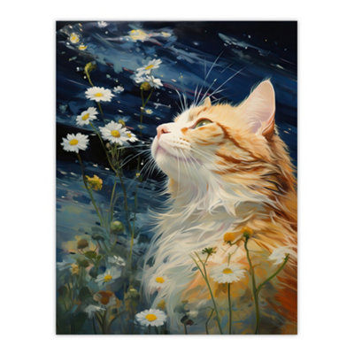 Artery8 Unframed Wall Art Moonlit Cat In Daisy Meadow Norwegian Forest Cat Painting12X16 Inch from B&Q