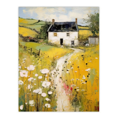 Artery8 Unframed Wall Art Welsh Countryside Cottage Rolling Hills And Wildflowers Bright Painting12X16 Inch from B&Q