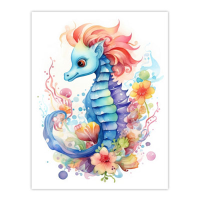 Artery8 Unframed Wall Art Cute Seahorse Watercolour Artwork Fun Kids Bedroom Nursery12X16 Inch from B&Q
