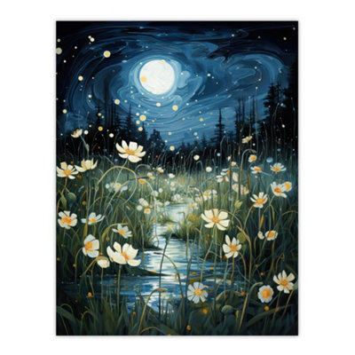Artery8 Unframed Wall Art Moonlit Dancing Fireflies By Buttercup Brook Artwork Full Moon Night Moonlight12X16 Inch from B&Q