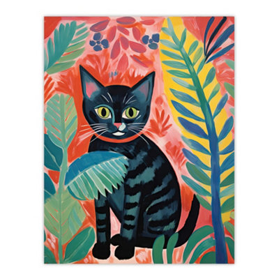 Artery8 Black Unframed Wall Art Henri Matisse Style Cat In The Jungle Acrylic Painting - 12X16 Inch