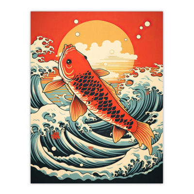 Artery8 Unframed Wall Art Japan Koi Carp Fish Leaping From The Sea At Sunset Great Wave Off Goldfish Artwork12X16 Inch from B&Q