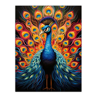 Artery8 Unframed Wall Art Peacock Bird With Bright Vivid Feathers Yellow Red Blue Bold Portrait Artwork12X16 Inch from B&Q