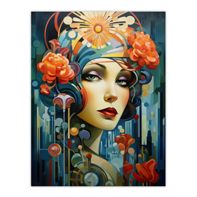Artery8 Unframed Wall Art Metropolis Art Deco Woman Portrait With Flowers Artwork Bold Bright12X16 Inch from B&Q