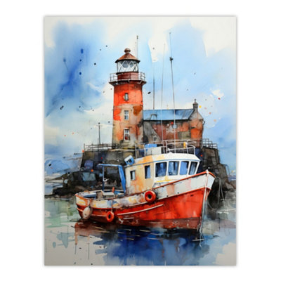 B&Q -  Unframed Wall Art Scottish Harbour Fishing Boats Lighthouse Modern Watercolour Artwork Blue And Red12X16 Inch