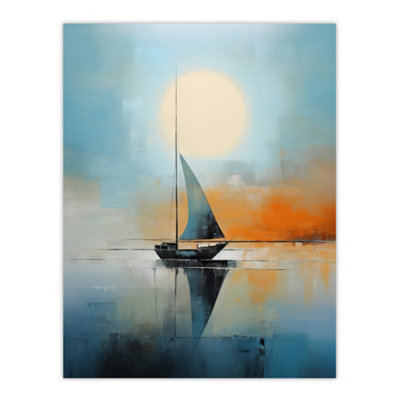 B&Q -  Unframed Wall Art Seascape Modern Abstract Sailboat Boat Artwork Calm Elegant Blue On Orange12X16 Inch