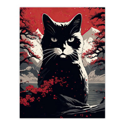 B&Q -  Unframed Wall Art Ukiyo Japan Black Cat Red Black White Modern Artwork Painting12X16 Inch
