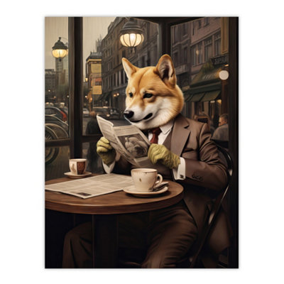 Artery8 Unframed Wall Art Shiba Inu Coffee Shop Cafe Reading Newspaper Formal Dress12X16 Inch from B&Q