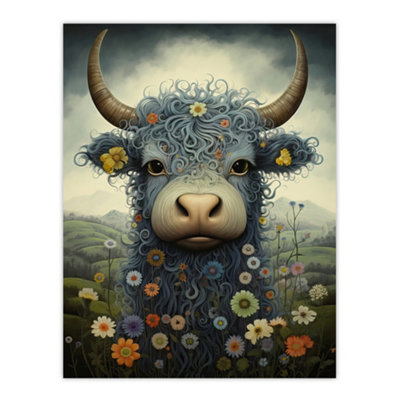 Artery8 Unframed Wall Art Small Blue Highland Cow In Wildflower Meadow Fun Wee Blue Coo Artwork12X16 Inch from B&Q