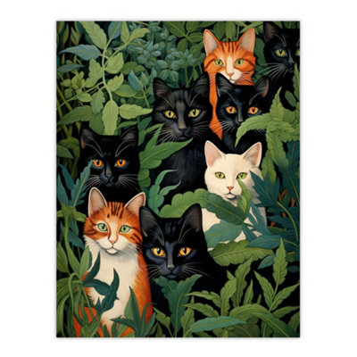 Artery8 Unframed Wall Art 5 Black Cats By Julia Davidson Quirky Black Ginger White Cat Group In Green Botanicals12X16 Inch from B&Q