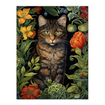 Artery8 Unframed Wall Art Herbaceous Henry The Garden Tabby Cat Stylish Floral Flower Design Illustration12X16 Inch from B&Q