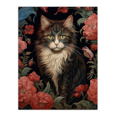 B&Q -  Unframed Wall Art Stylish Mainecoon Cat In Pink Flower Garden Floral Design Illustration Artwork12X16 Inch