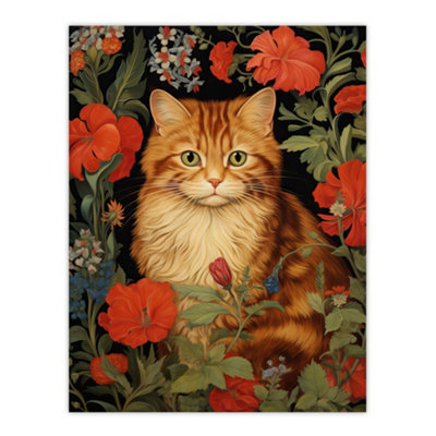 Artery8 Unframed Wall Art Stylish Ginger Striped Kitten Cat Red Amidst The Flowers Floral Design Illustration12X16 Inch