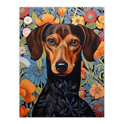 B&Q -  Unframed Wall Art Dachshund Dog On Elegant Floral Backdrop William Morris Style Pattern Artwork12X16 Inch