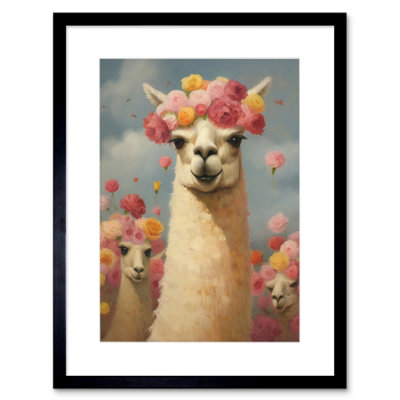 Artery8 Wall Art Print The Llama Wedding Rose Bloom Flower Headdress Fun Artwork Kids Bedroom Artwork Framed 9X7 Inch from B&Q