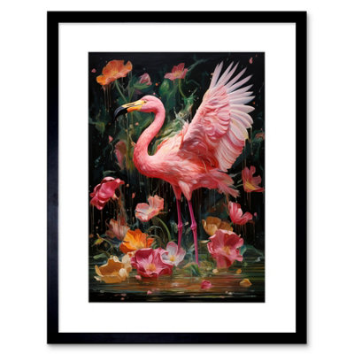 B&Q -  Wall Art Print Flamboyant Flamingo Feathers Artwork Bird In The Rain Vibrant Pink Orange Green Artwork Framed 9X7 Inch