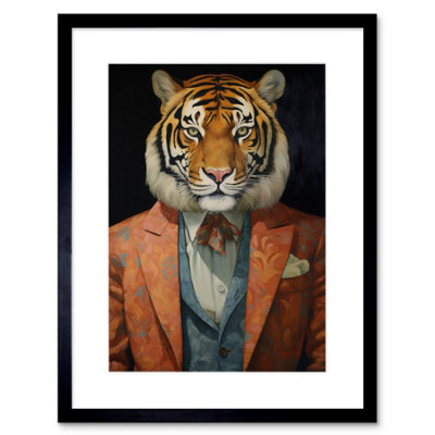 Artery8 Wall Art Print Tiger About Town Artwork Coral Pink And Cerulean Blue Suit Conceptual Portrait Artwork Framed 9X7 Inch from B&Q