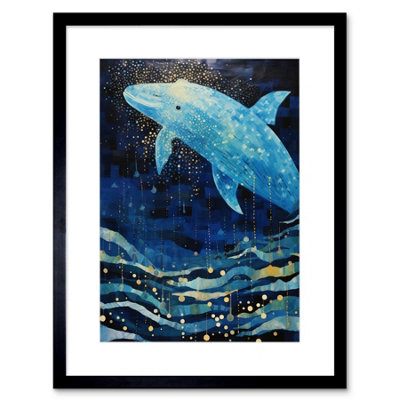 B&Q -  Wall Art Print Blue Whale Breach In Winter Waters Moonlit Seascape Waves Artwork Framed 9X7 Inch