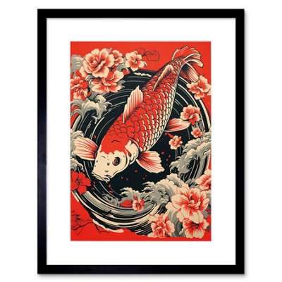 Artery8 Wall Art Print Koi Fish Carp Japan Whirlpool Red Black Floral Artwork Coy Artwork Framed 9X7 Inch from B&Q