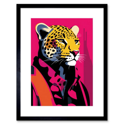 B&Q -  Wall Art Print Strong Leopard In Suit Bold Artwork Orange Pop Art Hot Pink Vibrant Portrait Artwork Framed 9X7 Inch