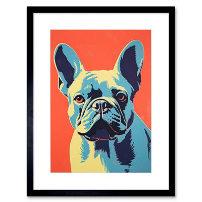Artery8 Wall Art Print French Bulldog Colour Block Artwork Coral Orange Blue Vibrant Pet Portrait Cute Artwork Framed 9X7 Inch from B&Q